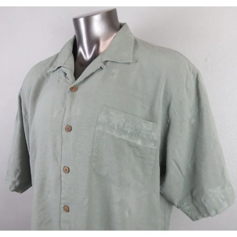 Mens Tommy Bahama Hawaiian Button Front Shirt Size XL Green Pineapple Palm Tree - Picture 4 of 7